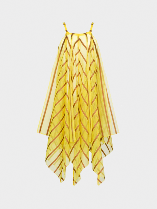 Issey Miyake 2021 Yellow Organza Brown Striped Dress