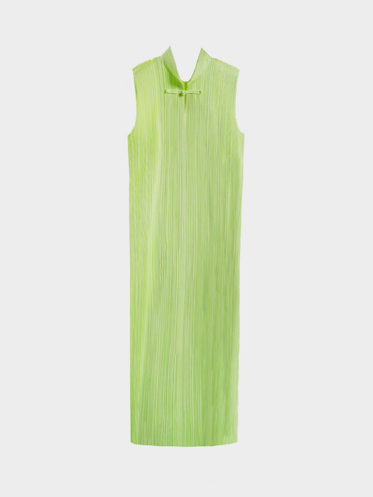 Issey Miyake Pleats Please 2000s Pale Green Mandarin Collar Maxi Dress