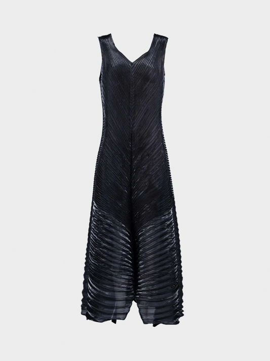 Issey Miyake 1990s Sculptural Black Pleats Maxi Dress Gown