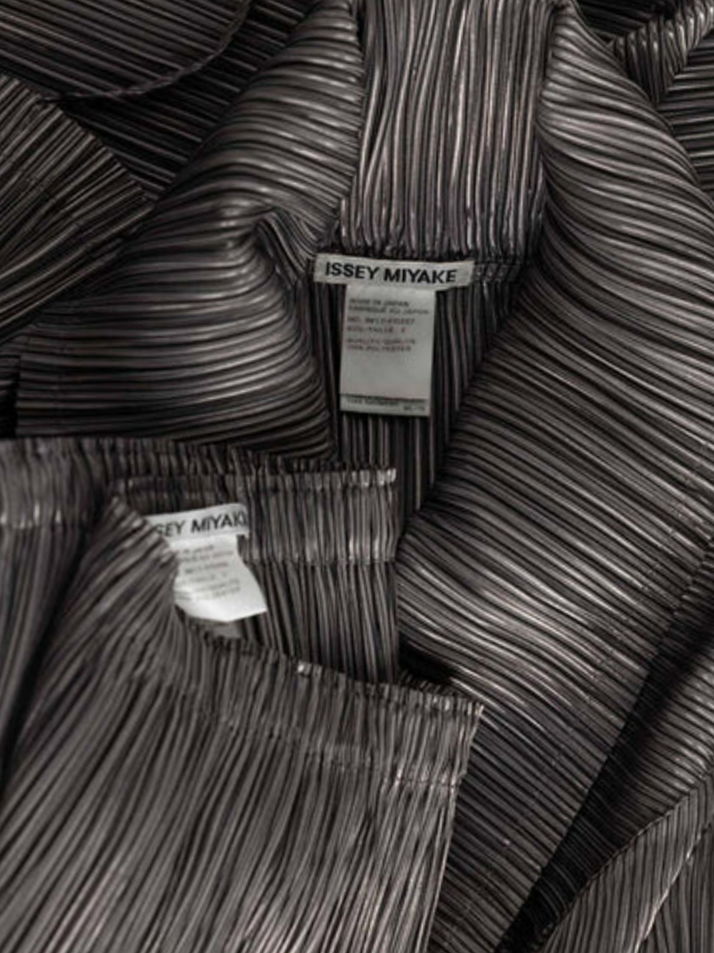 Issey Miyake 1990s Grey Metallic Kimono Jacket Origami Pleats Skirt Set