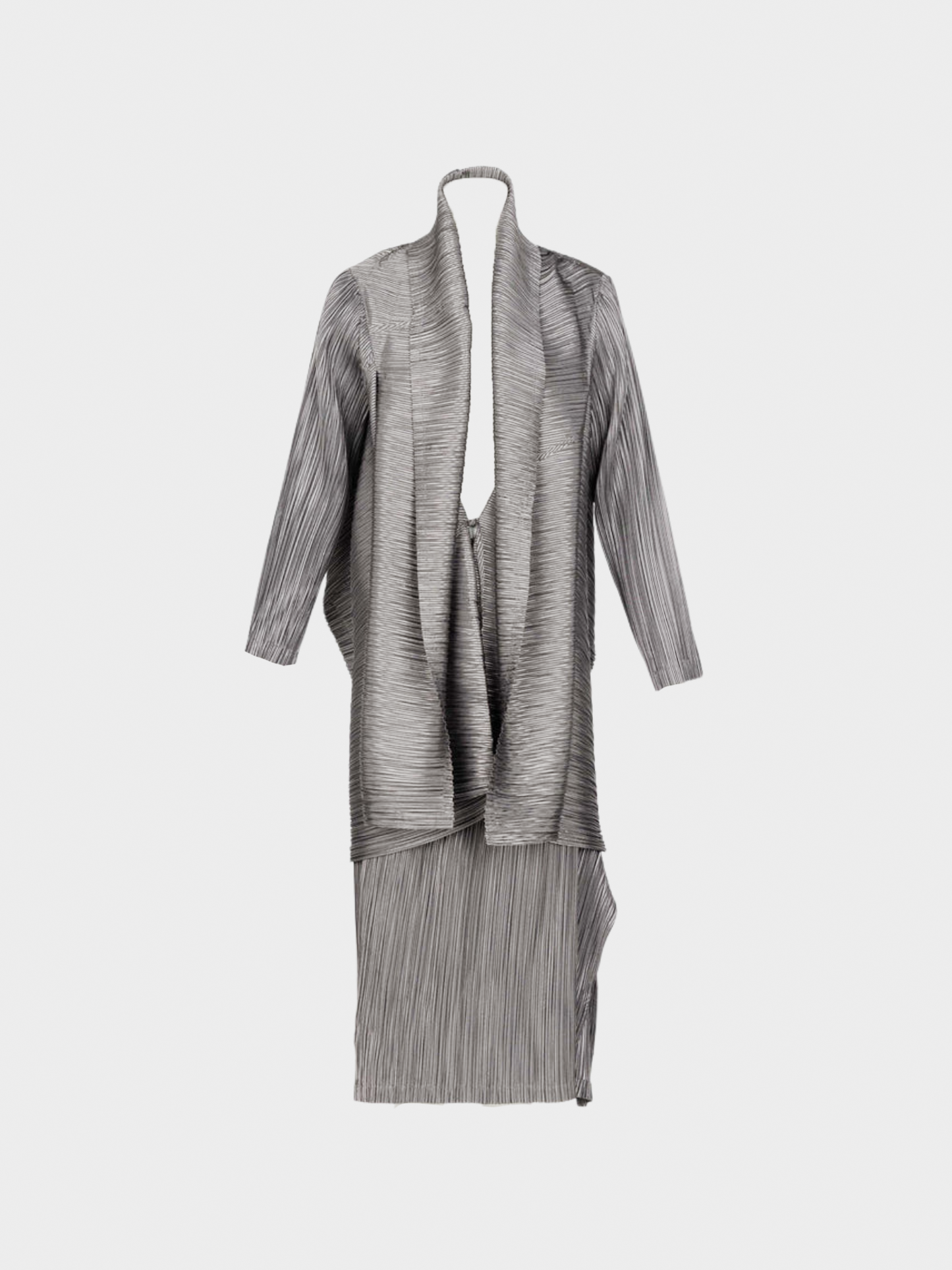 Issey Miyake 1990s Grey Metallic Kimono Jacket Origami Pleats Skirt Set
