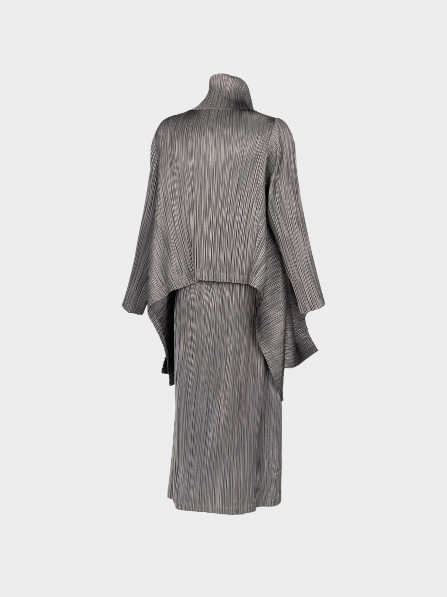 Issey Miyake 1990s Grey Metallic Kimono Jacket Origami Pleats Skirt Set