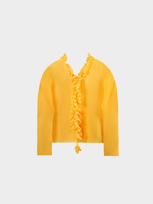 Issey Miyake 2000s Bright Yellow Pleat Ruffle Tie Cardigan