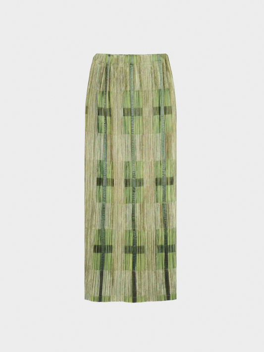 Issey Miyake 2000s Green Velvet and Satin Plaid Pleated Maxi Skirt