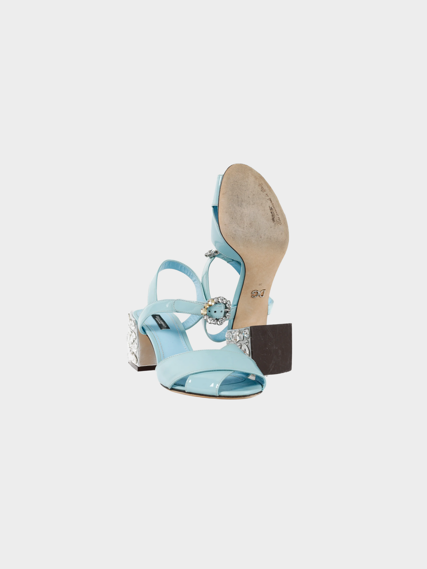Dolce and Gabbana SS 2018 Light Blue Patent Leather Embellished Heels