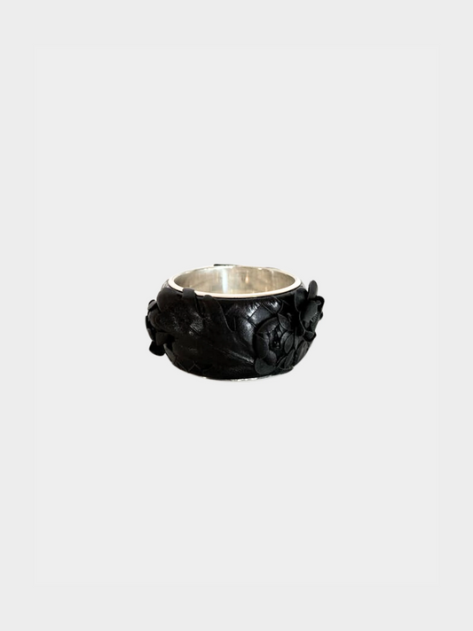 Bottega Veneta 2000s Black Woven Intrecciato Flower Bangle Cuff Bracelet