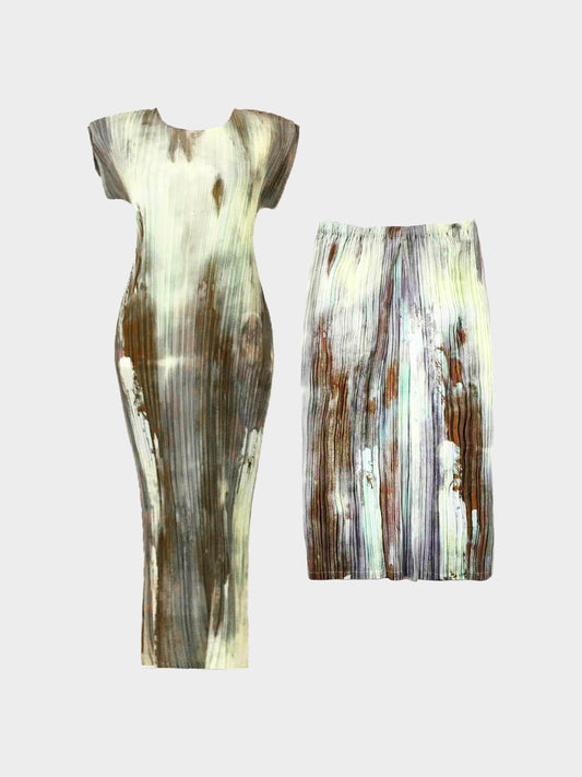 Issey Miyake 1999 Green Abstract Gradation Print Pleated Dress and Skirt Set