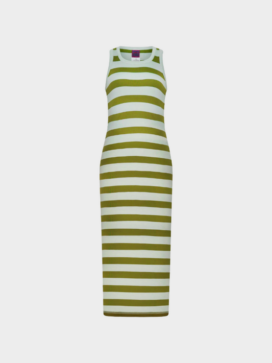 Jean Paul Gaultier 1990s Khaki and Ivory Striped Racerback Jersey Maxi Dress