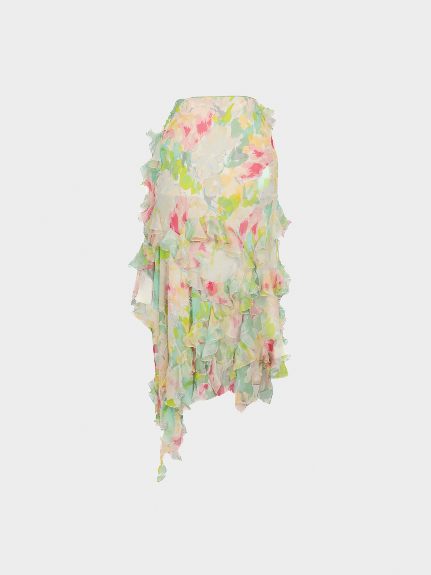 John Galliano 2000s Pastel Floral Silk Midi Skirt