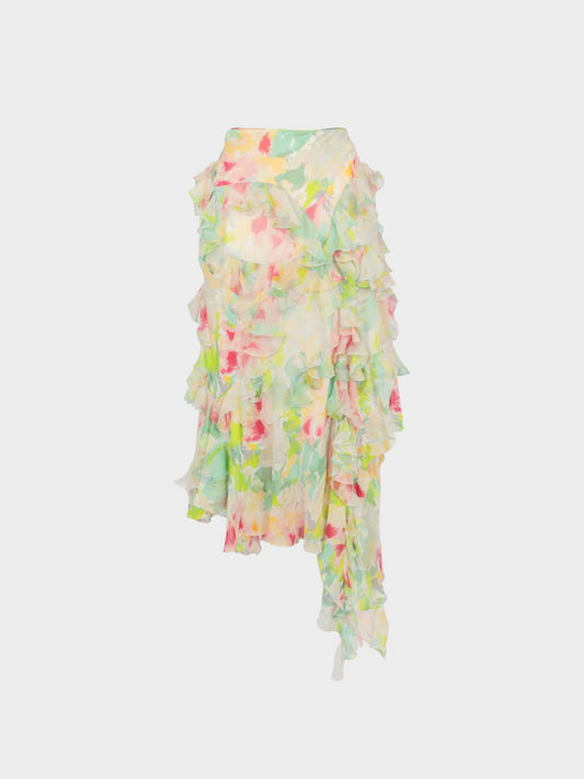 John Galliano 2000s Pastel Floral Silk Midi Skirt