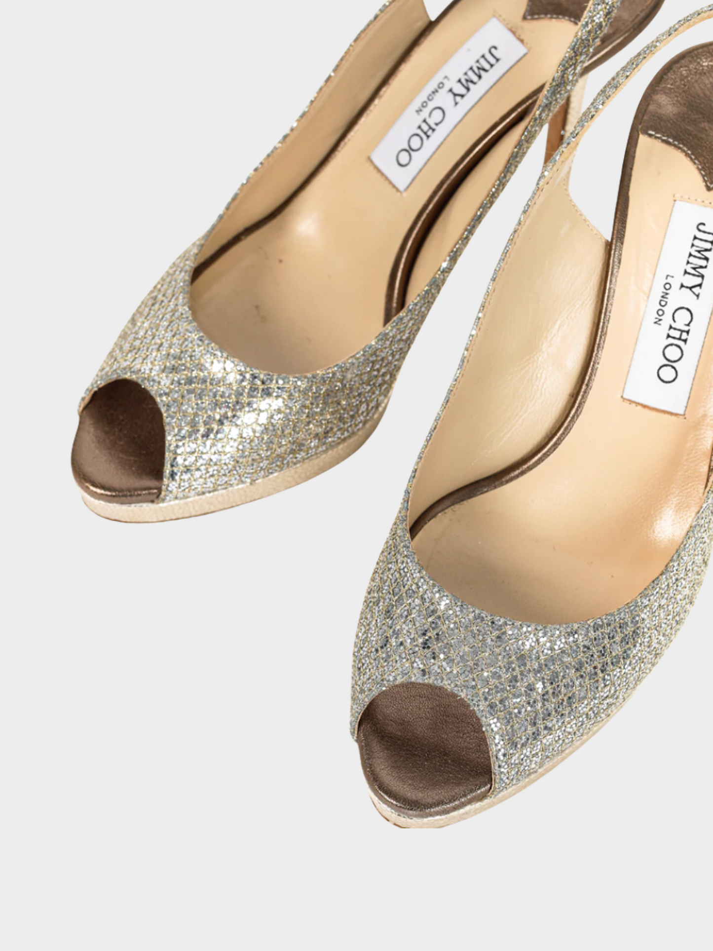 Jimmy Choo 2010s Silver Glitter Peep Toe Pumps