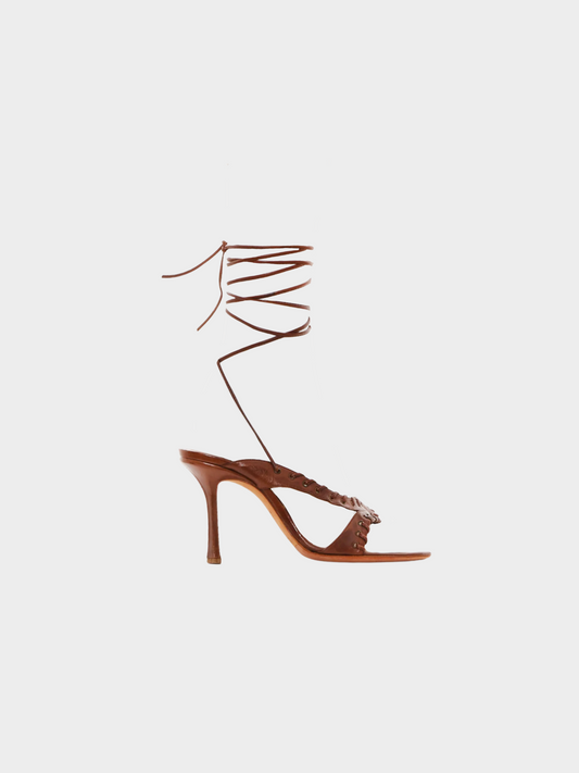 Jimmy Choo 2000s Brown Leather Corset Ankle Wrap Heeled Sandals