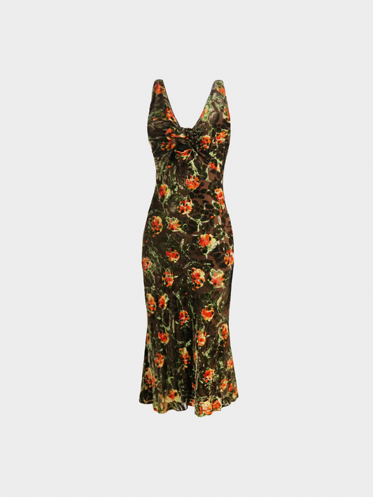 John Galliano FW 2005 Brown Silk Floral Midi Dress
