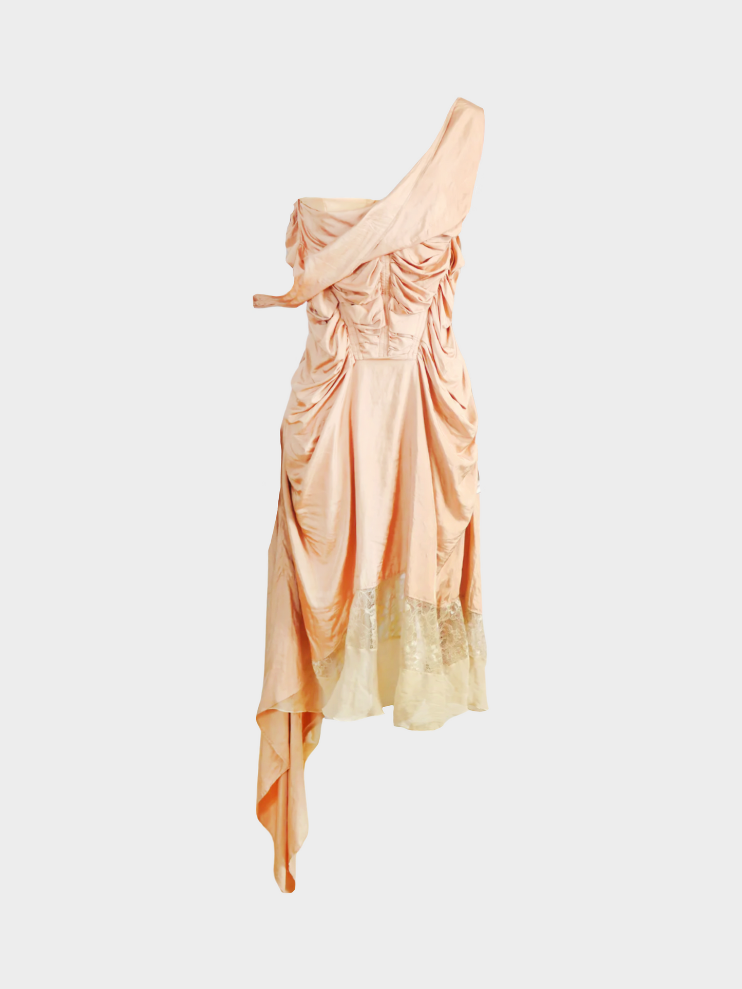 Jean Paul Gaultier SS 2004 Nude Silk Ruched Lace Midi Dress