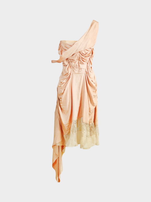 Jean Paul Gaultier SS 2004 Nude Silk Ruched Lace Midi Dress