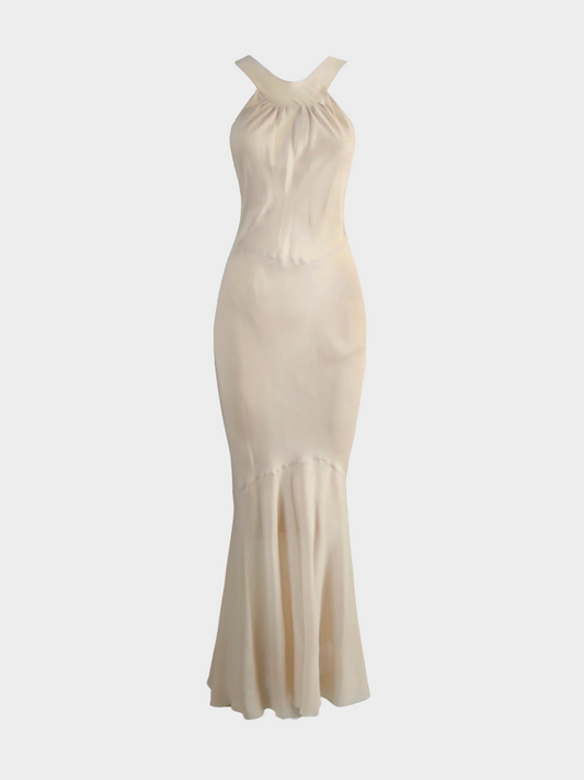 John Galliano 2000s Beige Silk Halter Maxi Evening Dress