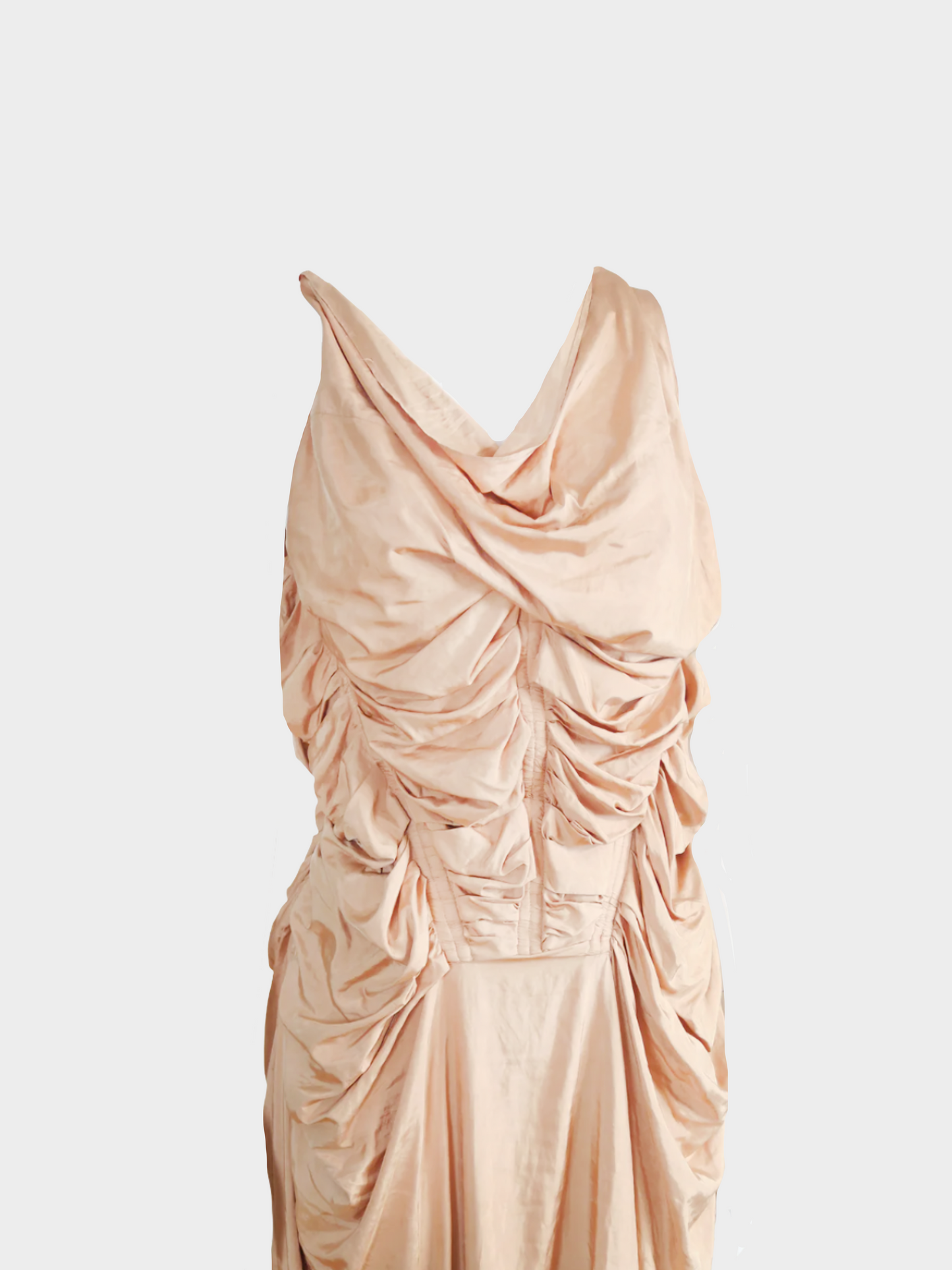 Jean Paul Gaultier SS 2004 Nude Silk Ruched Lace Midi Dress