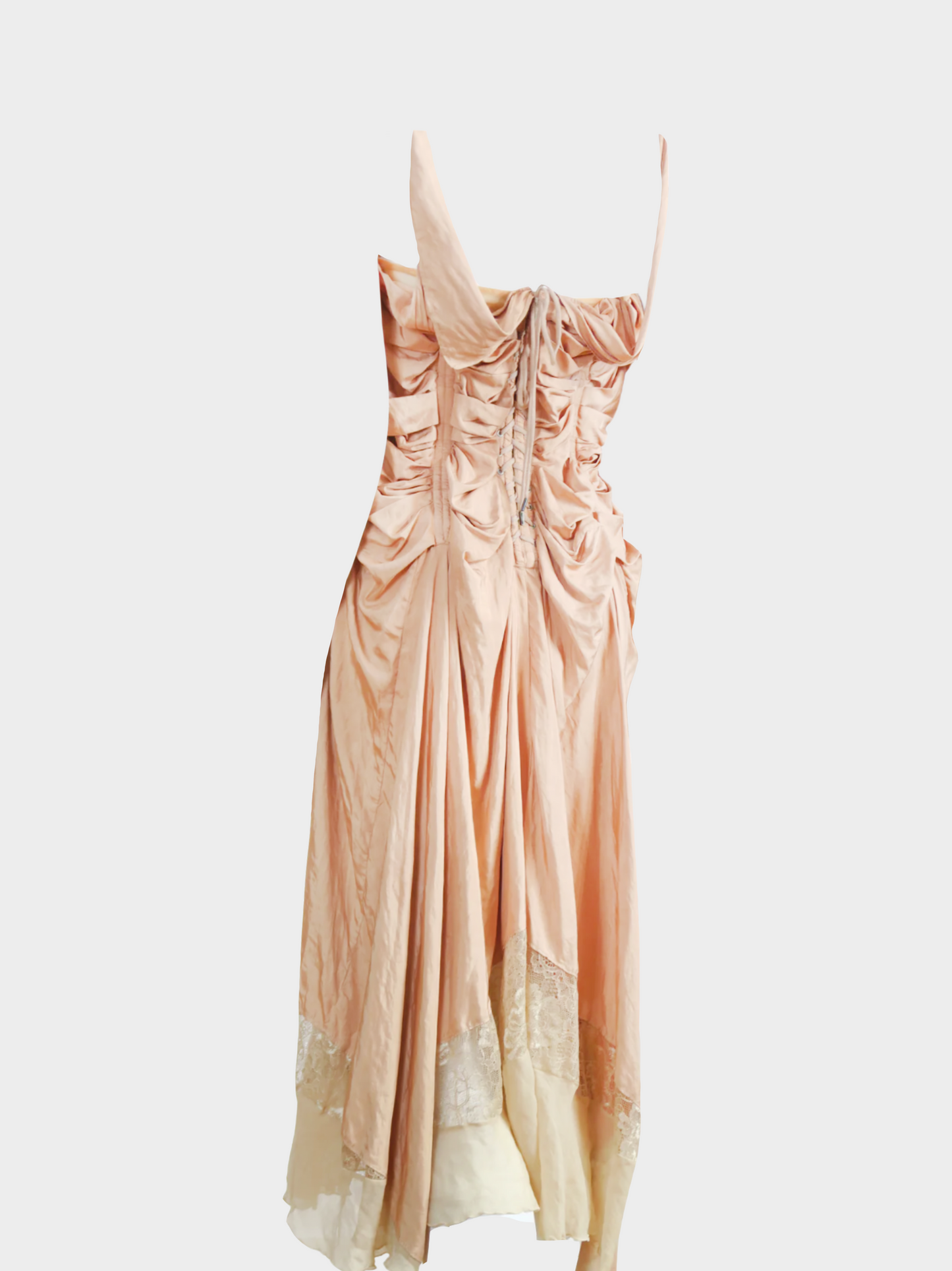 Jean Paul Gaultier SS 2004 Nude Silk Ruched Lace Midi Dress