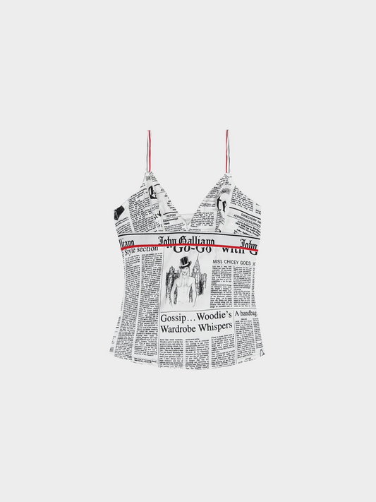 John Galliano 2000s Black and White Newspaper Print Cami Top