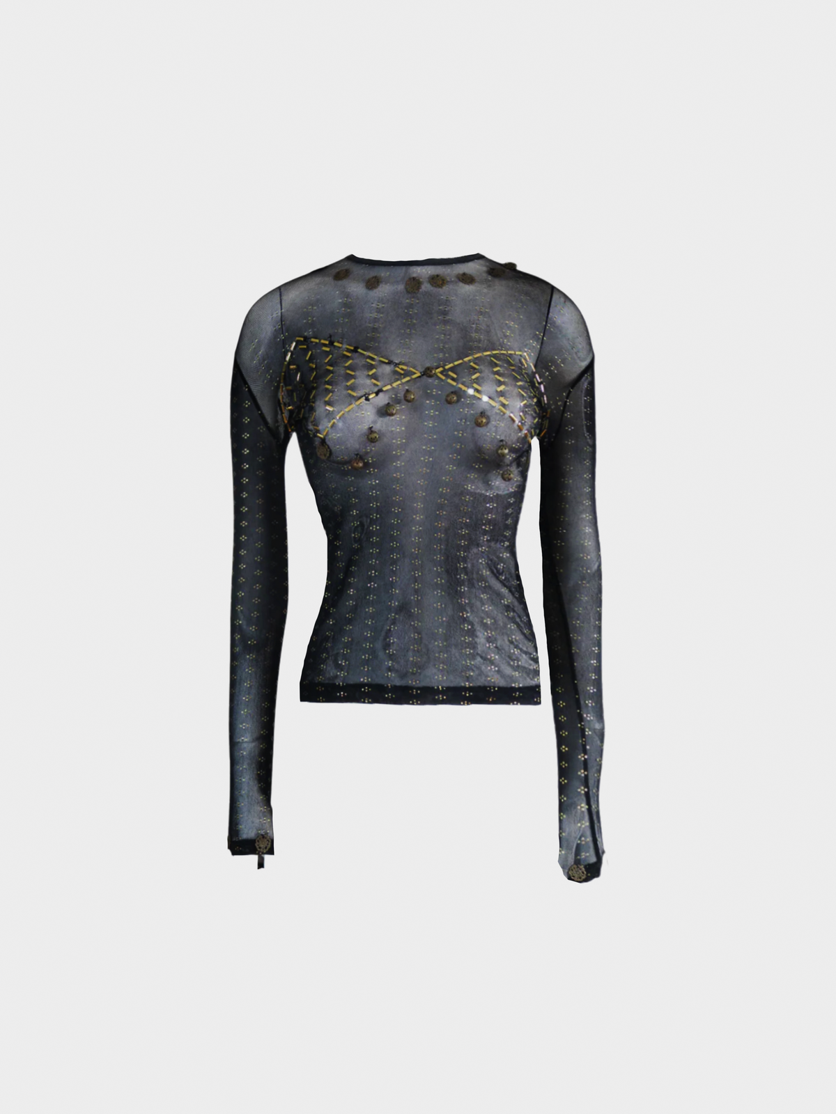 Jean Paul Gaultier 1990s Black Beaded Mesh Long Sleeve Top