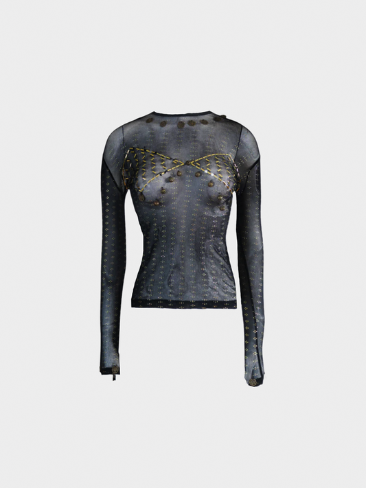 Jean Paul Gaultier 1990s Black Beaded Mesh Long Sleeve Top