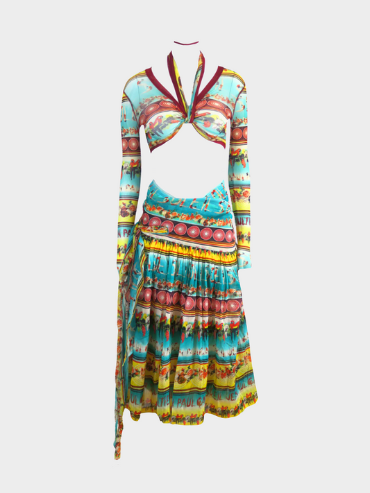 Jean Paul Gaultier 1998 Multicoloured "Soleil Tropical" Printed Wrap up Top and Skirt Set