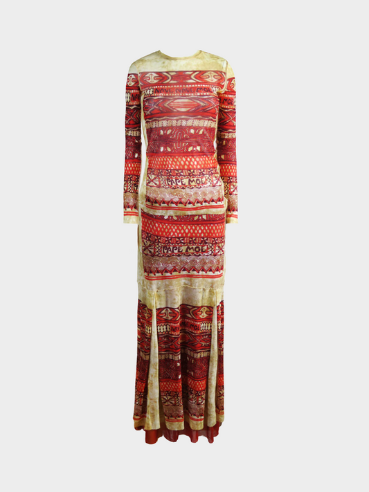Jean Paul Gaultier 1990s Red "Aztec" Printed Long Sleeved Top and Maxi Skirt Set