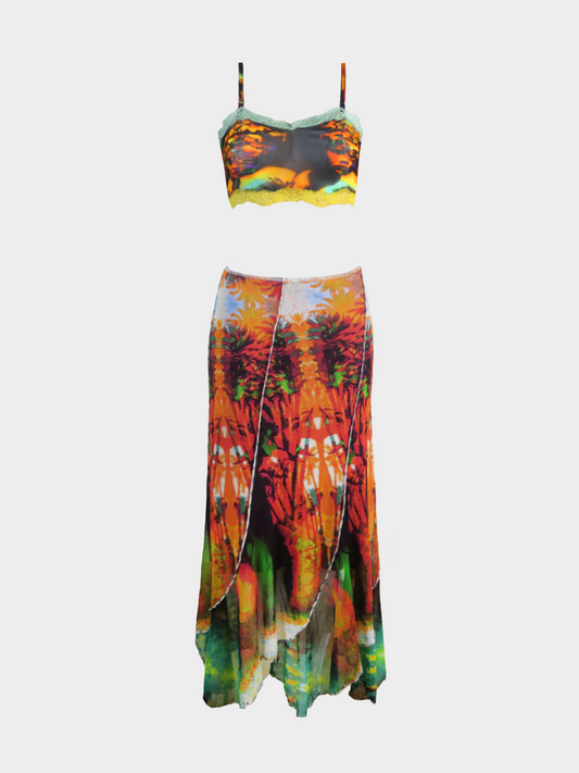 Jean Paul Gaultier SS 2000 Multicoloured Vibrant Printed Cami Top and Maxi Skirt Set