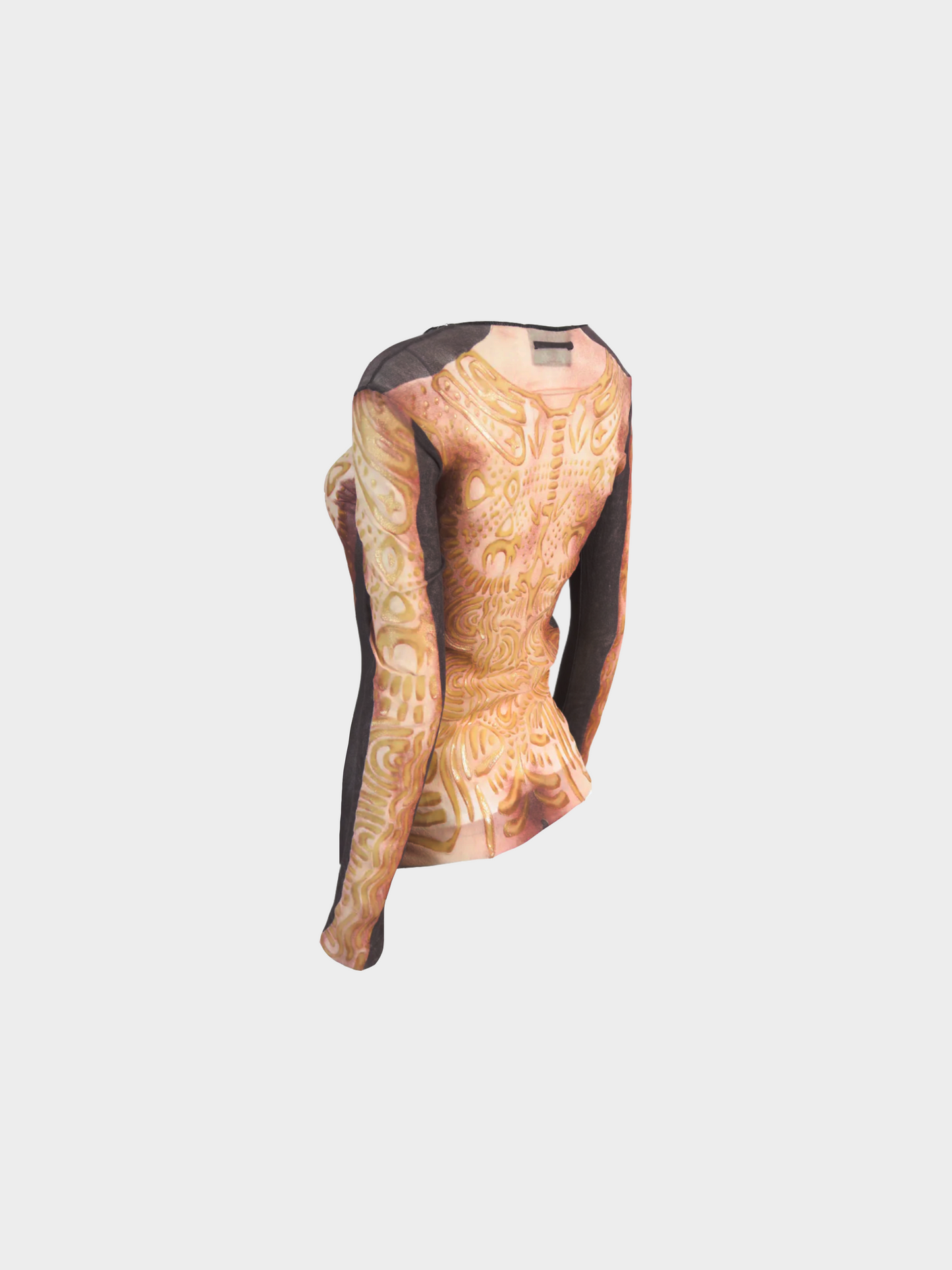 Jean Paul Gaultier 1990s Brown "Tattoo" Print Mesh Long Sleeve Top