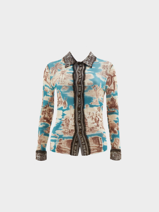 Jean Paul Gaultier SS 1998 Multicolour Cuba Print Mesh Long-Sleeve Shirt