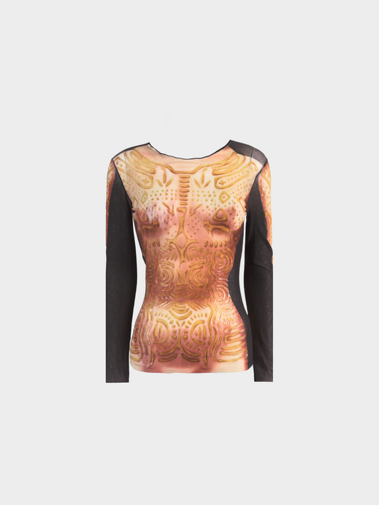 Jean Paul Gaultier 1990s Brown "Tattoo" Print Mesh Long Sleeve Top