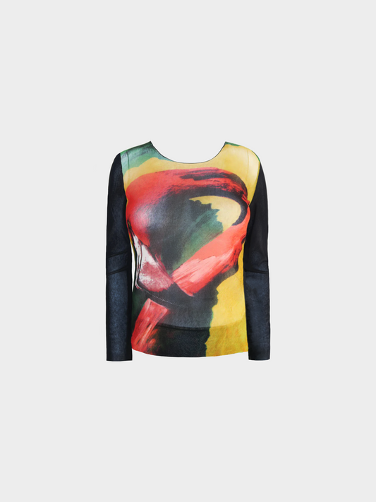 Jean Paul Gaultier SS 1996 Multicolour Nylon "Flamingo" Printed Long Sleeved Mesh Top