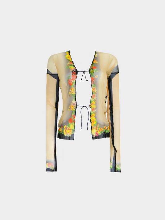 Jean Paul Gaultier 1990s Beige Floral Printed Long Sleeve Cardigan Top