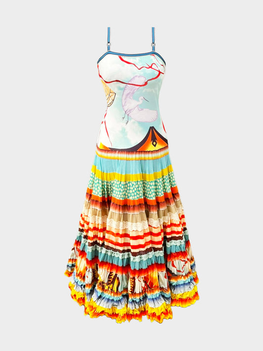 Jean Paul Gaultier SS 2005 Runway Maille Multicolored Crane Print Ruffled Gypsy Dress