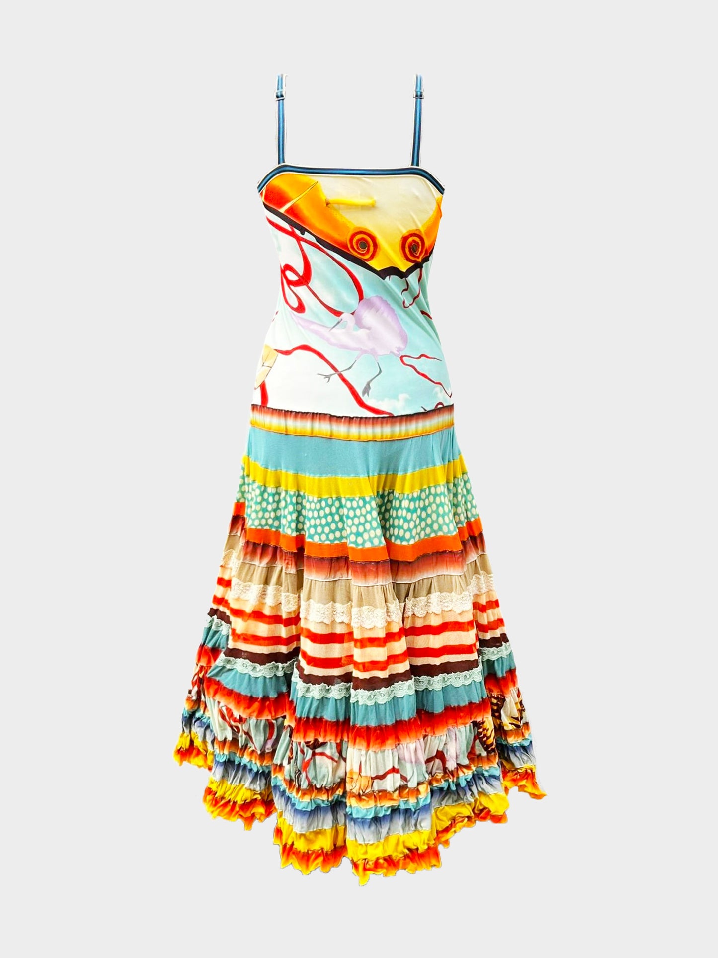 Jean Paul Gaultier SS 2005 Runway Maille Multicolored Crane Print Ruffled Gypsy Dress