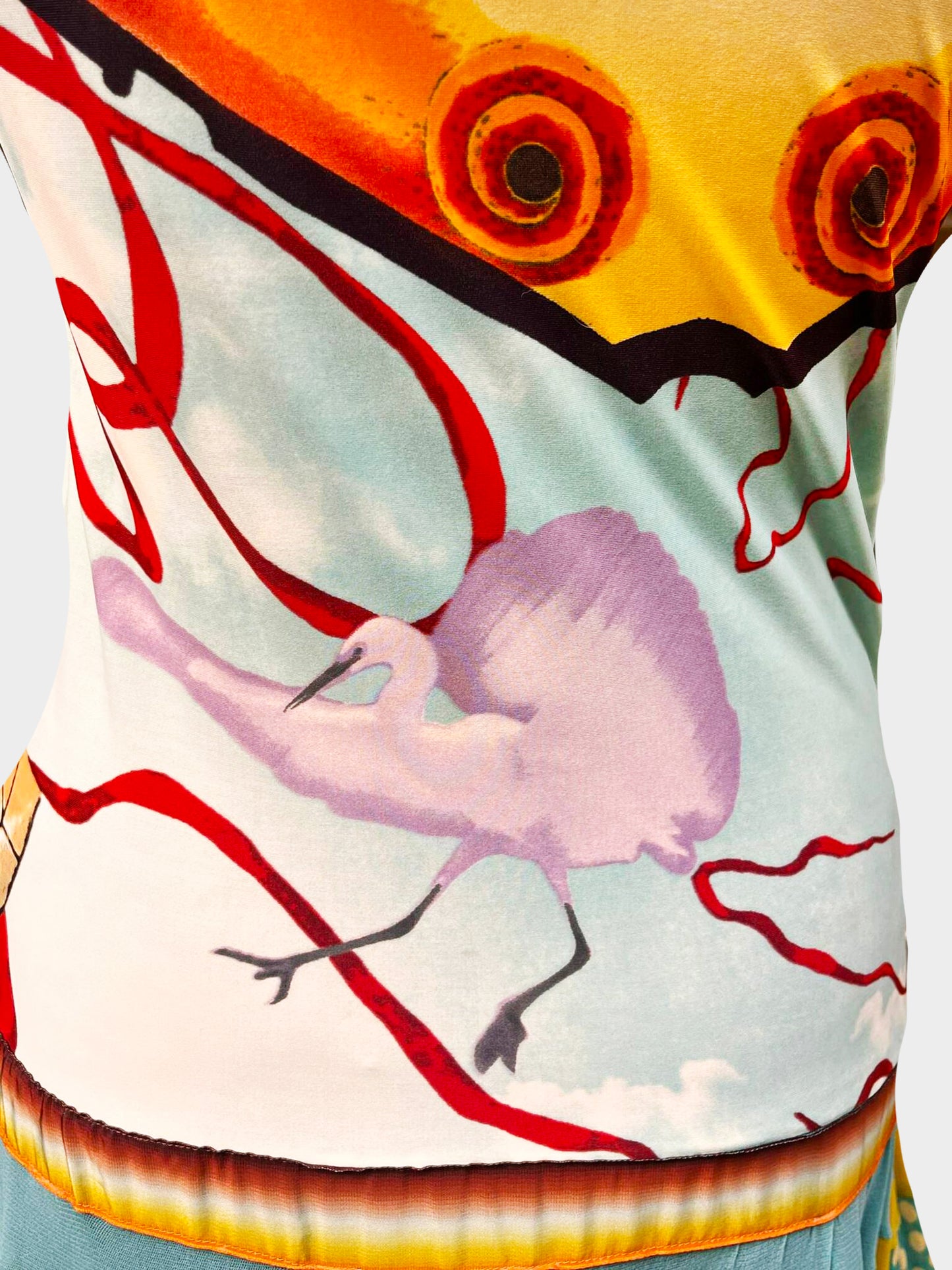 Jean Paul Gaultier SS 2005 Runway Maille Multicolored Crane Print Ruffled Gypsy Dress