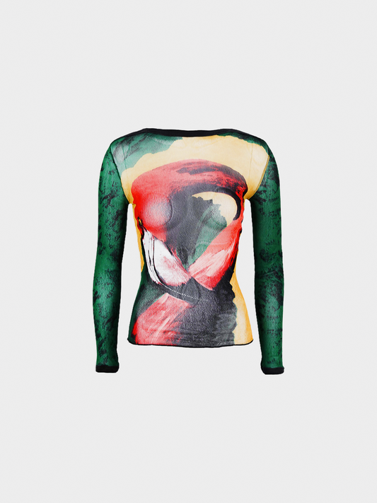Jean Paul Gaultier SS 1996 Multicolour Nylon "Flamingo" Printed Long Sleeved Mesh Top