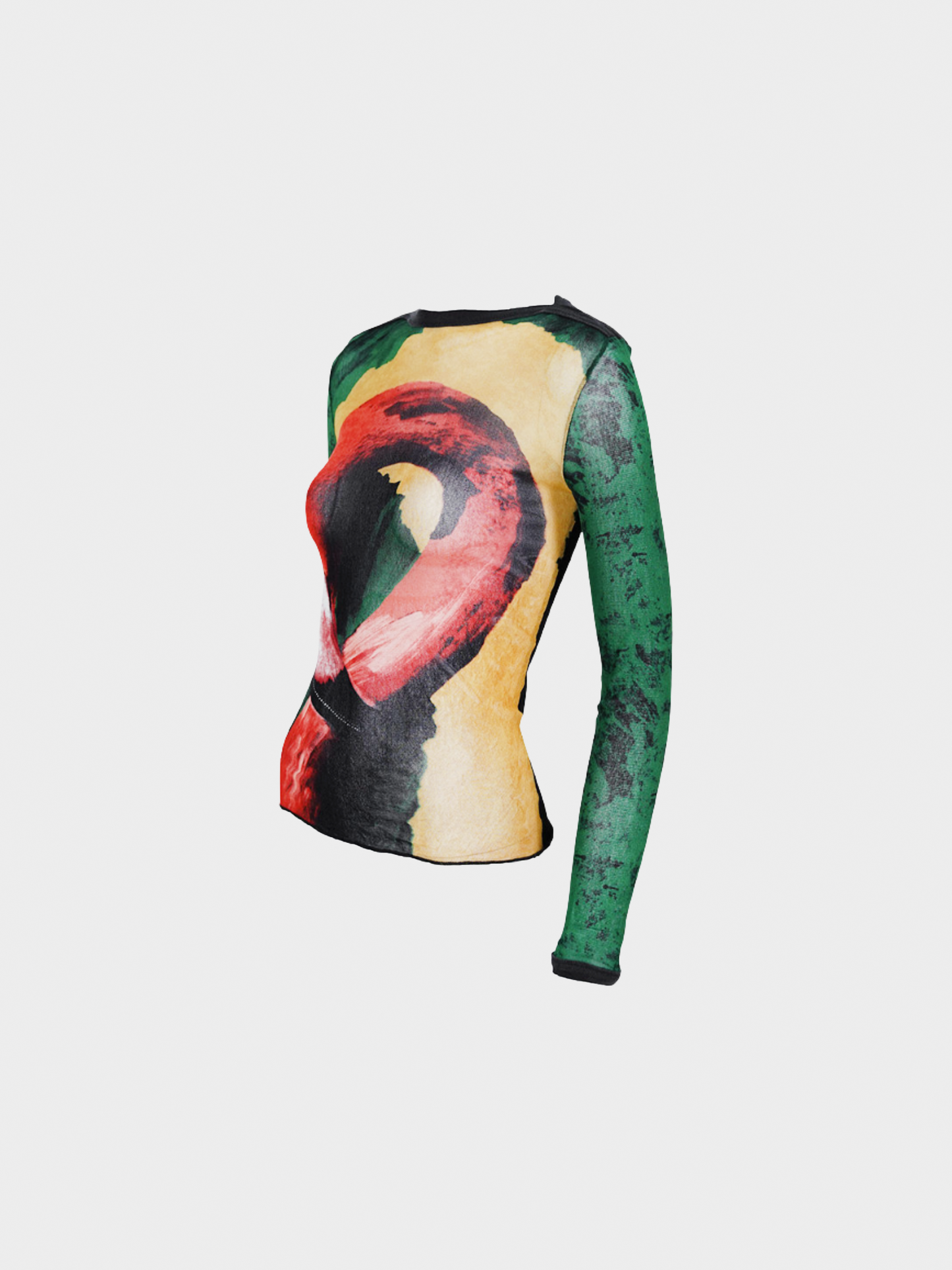 Jean Paul Gaultier SS 1996 Multicolour Nylon "Flamingo" Printed Long Sleeved Mesh Top