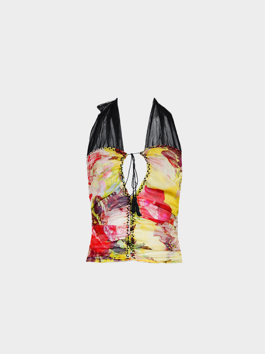 Jean Paul Gaultier 2000s Multicoloured Floral Printed Ruched Halter Top