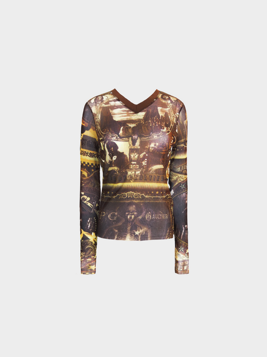 Jean Paul Gaultier 1990s Brown "Native American" Printed Long Sleeved Top