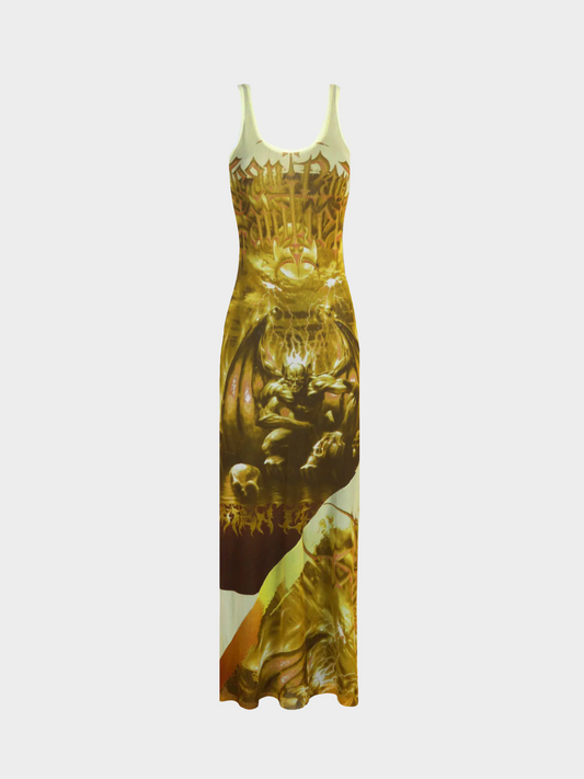 Jean Paul Gaultier SS 2001 Golden Yellow "Satan" Printed Mesh Maxi Dress