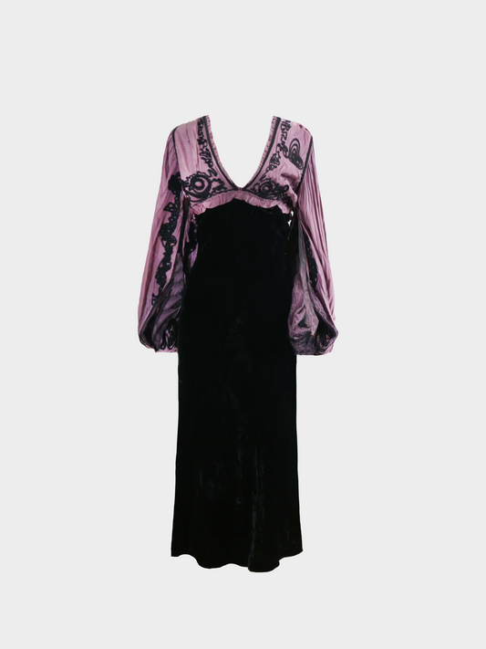Jean Paul Gaultier 1990s Purple Silk Embroidered and Black Velvet dress