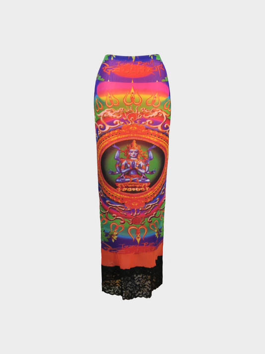 Jean Paul Gaultier SS 1997 Multicolour "Hindu God Shive" Printed Maxi Skirt