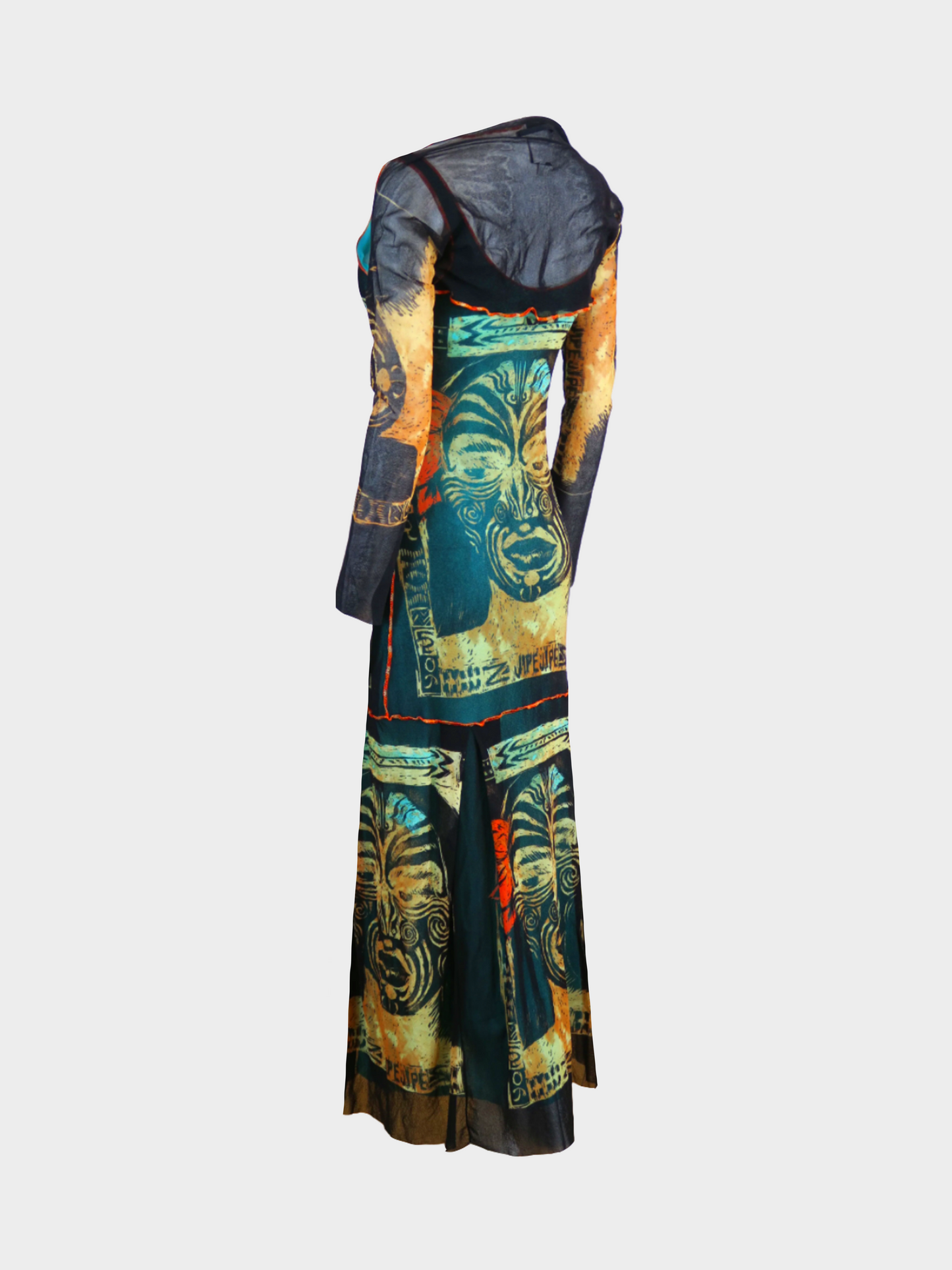 Jean Paul Gaultier 1990s Multicoloured "Maori" Printed Mesh Maxi Dress