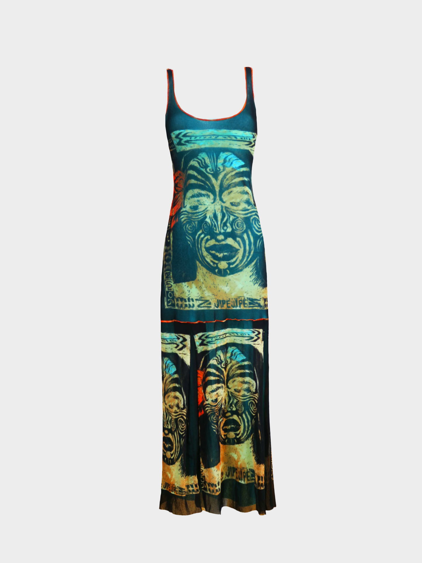 Jean Paul Gaultier 1990s Multicoloured "Maori" Printed Mesh Maxi Dress