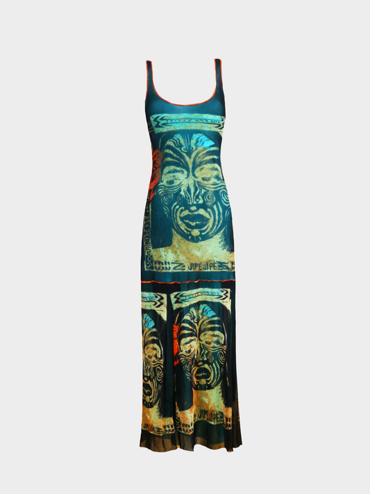 Jean Paul Gaultier 1990s Multicoloured "Maori" Printed Mesh Maxi Dress