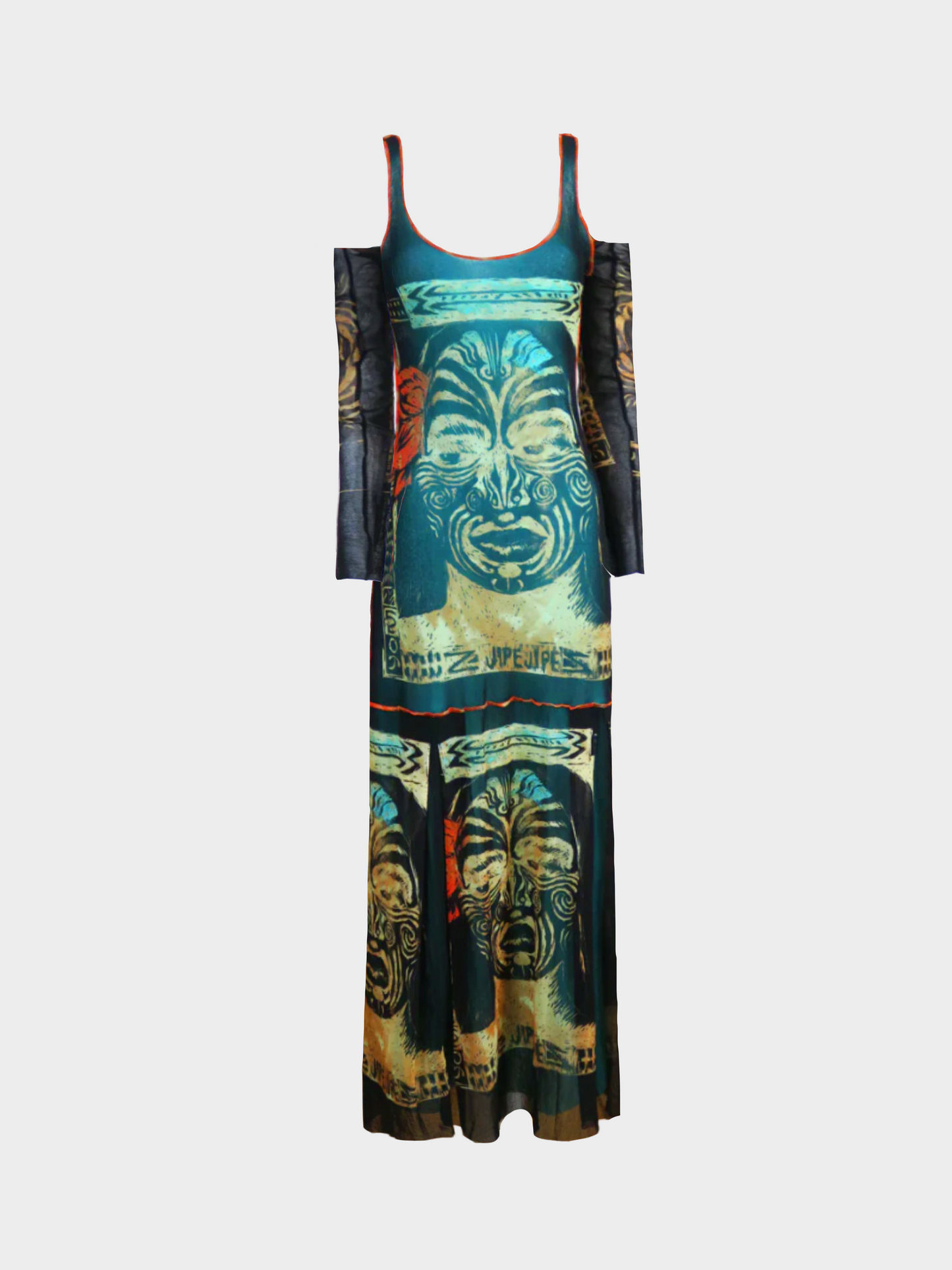 Jean Paul Gaultier 1990s Multicoloured "Maori" Printed Mesh Maxi Dress