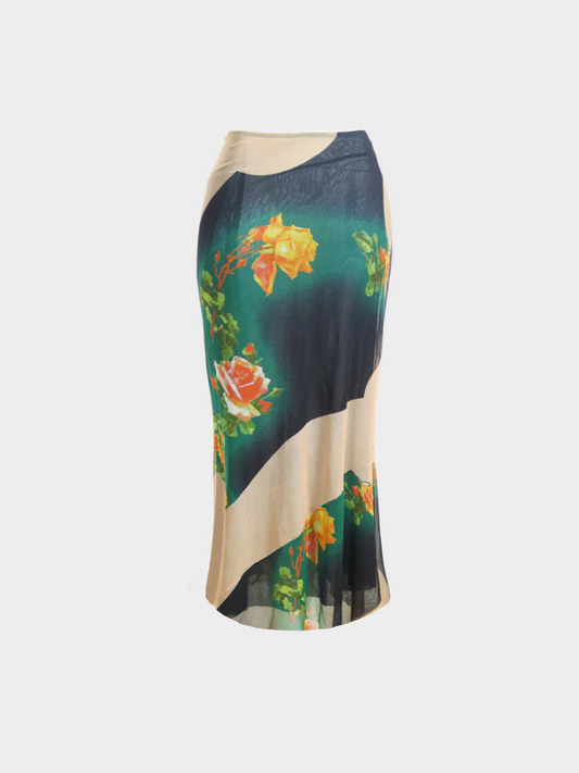 Jean Paul Gaultier 1990s Multicolour Floral Print Mesh Maxi Skirt