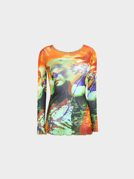 Jean Paul Gaultier Spring 2000s Multicolor Psychedelic Print Long Sleeved Mesh Top