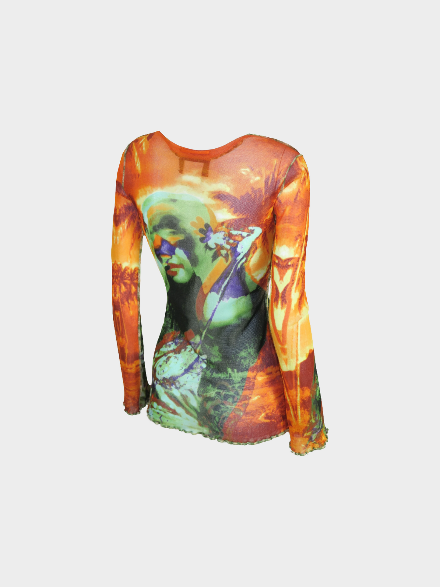 Jean Paul Gaultier Spring 2000s Multicolor Psychedelic Print Long Sleeved Mesh Top